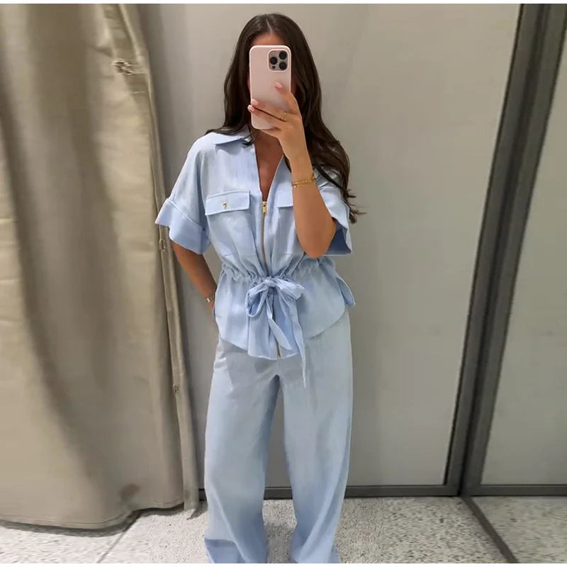 Casual Solid Chic Coat And Wide Leg Trouser Set for Women