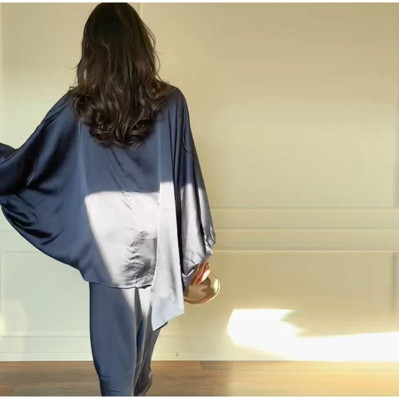 Casual Solid Batwing Sleeve Shirt Skirt Set for Women