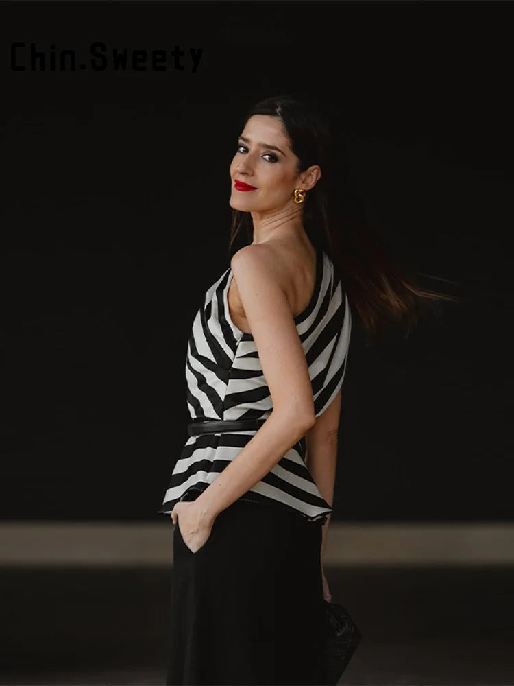 One Shoulder Striped Pleated Top With Backless Cut for Women