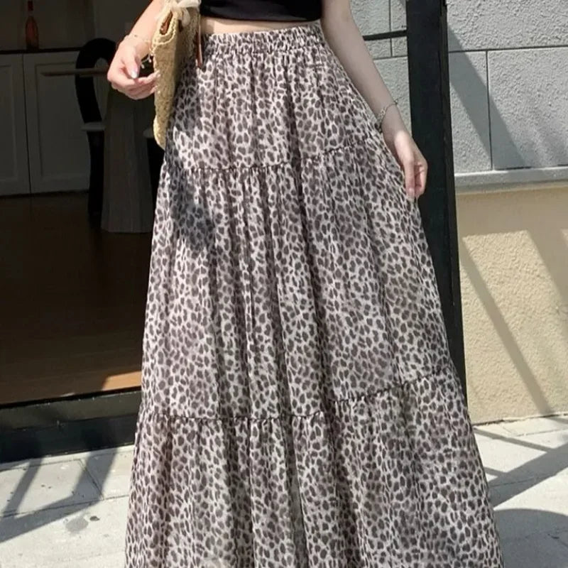 Vintage Leopard Print Tiered Maxi Skirt For Women