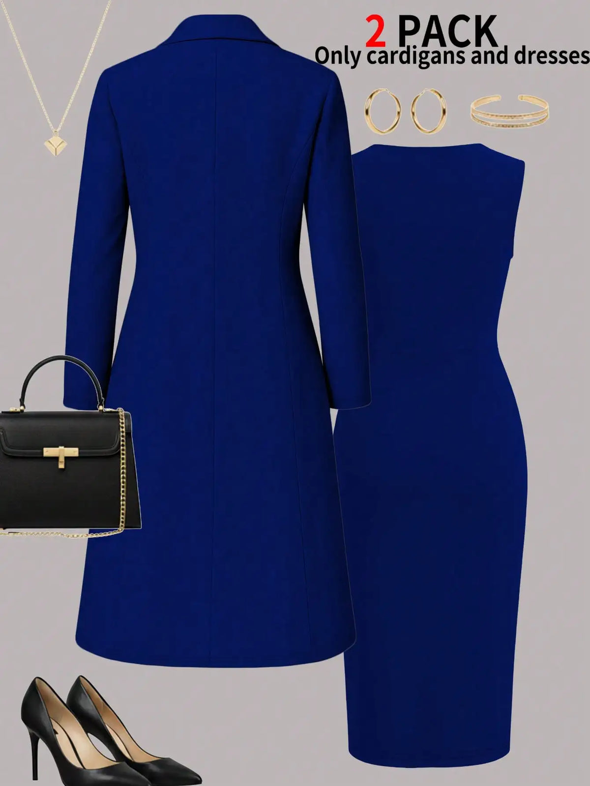 Women's New Autumn and Winter Elegant Set: Solid Color Long-Sleeved Open-Front Blouse, Long Coat + Versatile Fitting Mid-Length Sleeveless Buttoned Dress Two-Piece Set