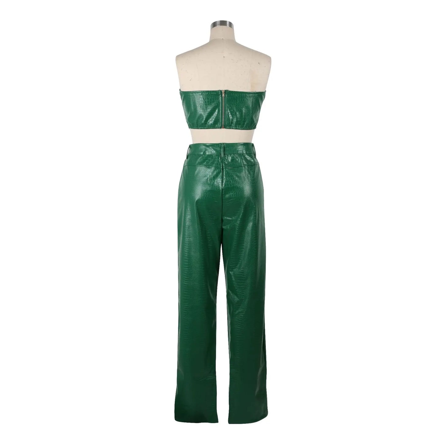 Green Faux Leather Corset Cut-Out Cargo Sleeveless Jumpsuit Set for Women