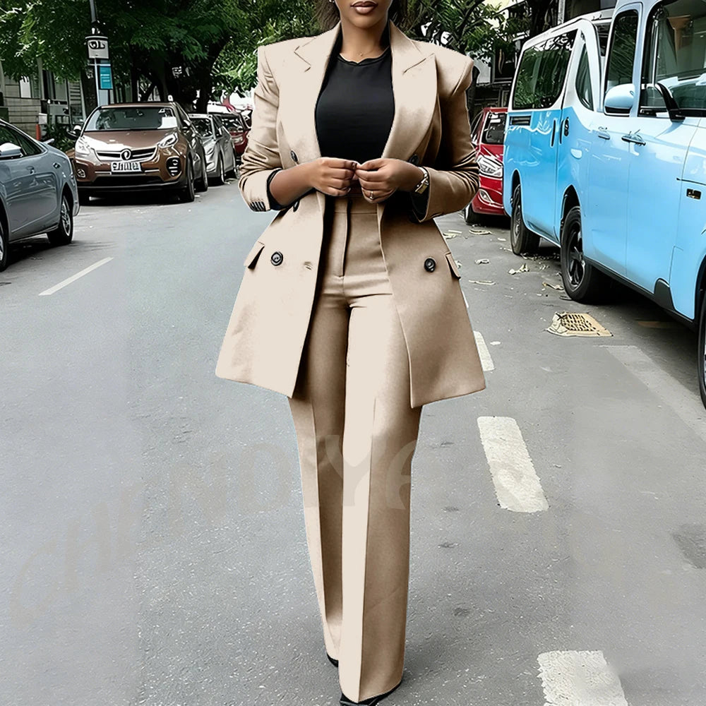 High Quality Women Suits Double Breasted Straight Formal 2 Piece Jacket Pants Peak Lapel High Street Daily Office Casual Suit