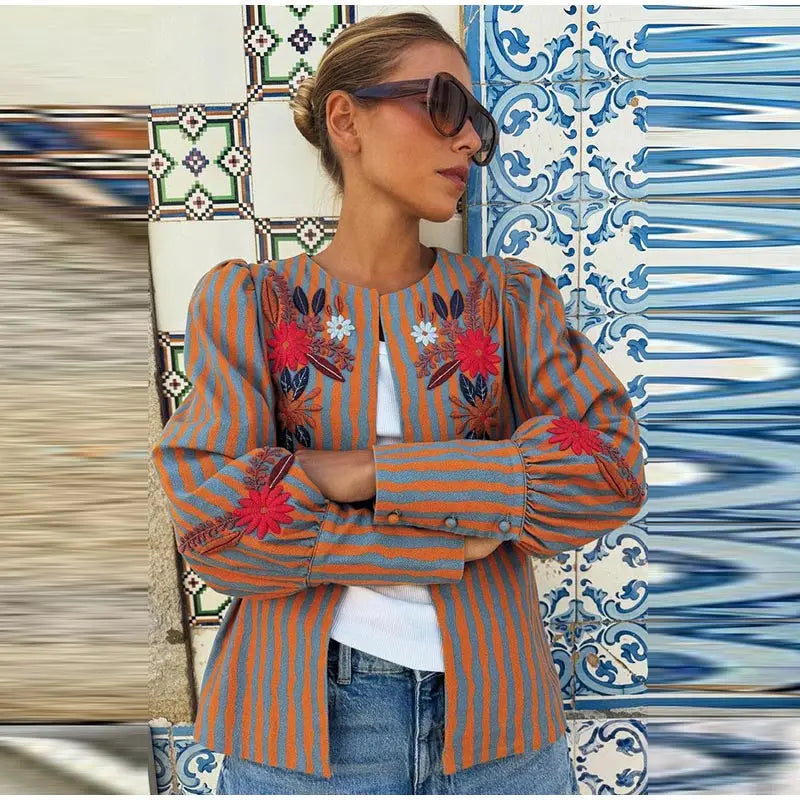 Elegant Striped Embroidered Open Stitch Jacket for Women