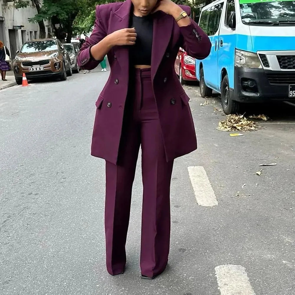 High Quality Women Suits Double Breasted Straight Formal 2 Piece Jacket Pants Peak Lapel High Street Daily Office Casual Suit