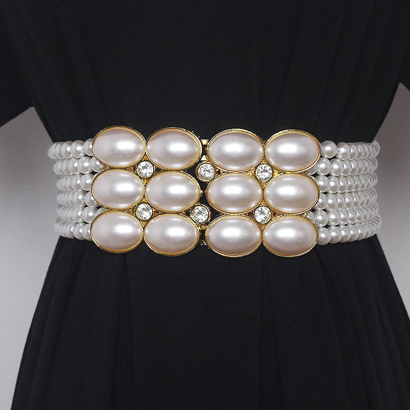 Pearl Embellished Elastic Waist Chain Belt for Women