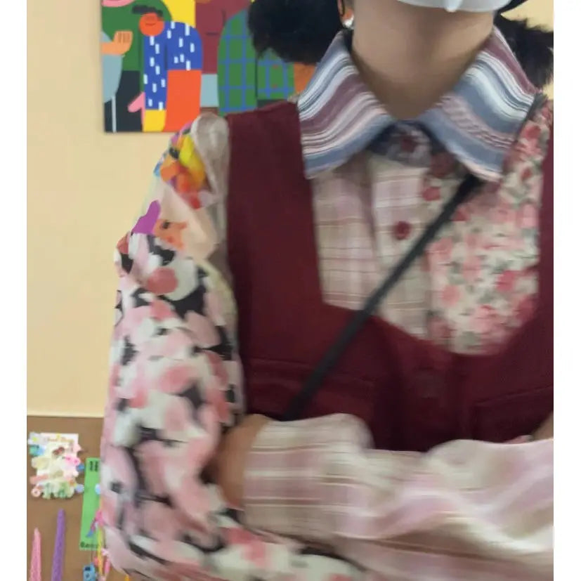 Japanese retro stitching printed long-sleeved shirt female autumn fashion design sense niche loose slim Joker temperament shirt