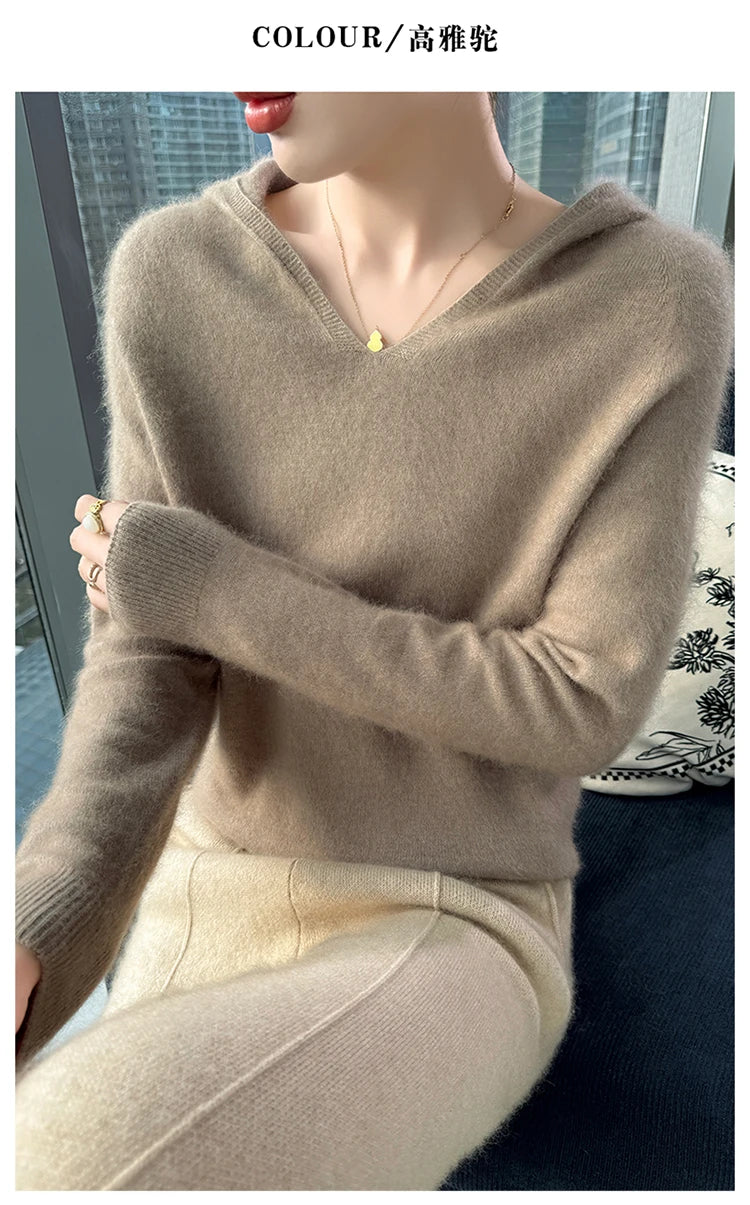 Loose Fit Thick Knit Hooded V-Neck Sweater for Women