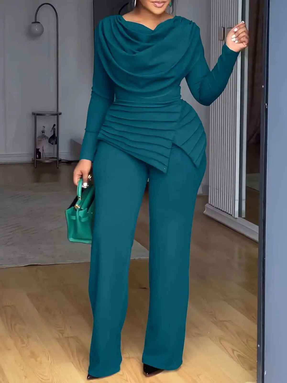 Casual Pile Collar Two Piece Wide Leg Pants Set for Women