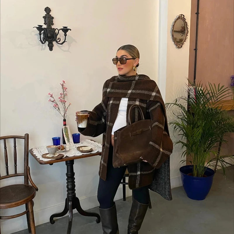 Plaid V-Neck Knit Cardigan With Double Pockets For Women
