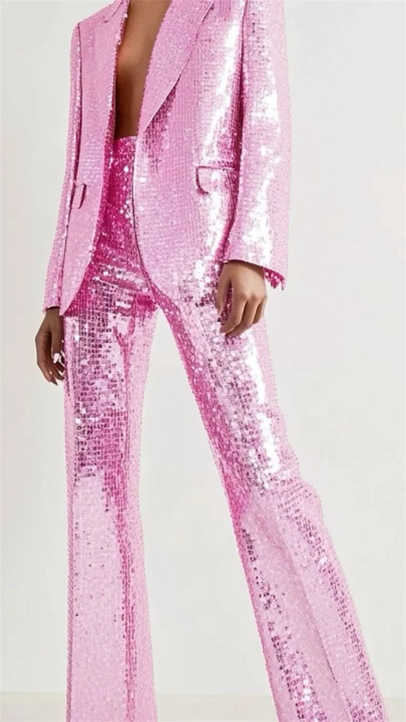 Elegant Glitter Sequins Two Piece Suit Set for Women