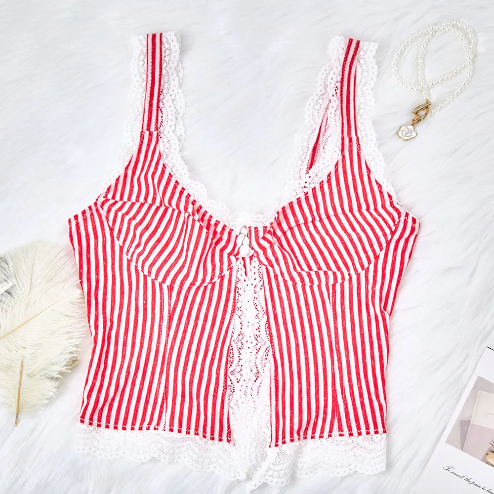 Striped Lace Trim V-Neck Slim Fit Camisole Top for Women