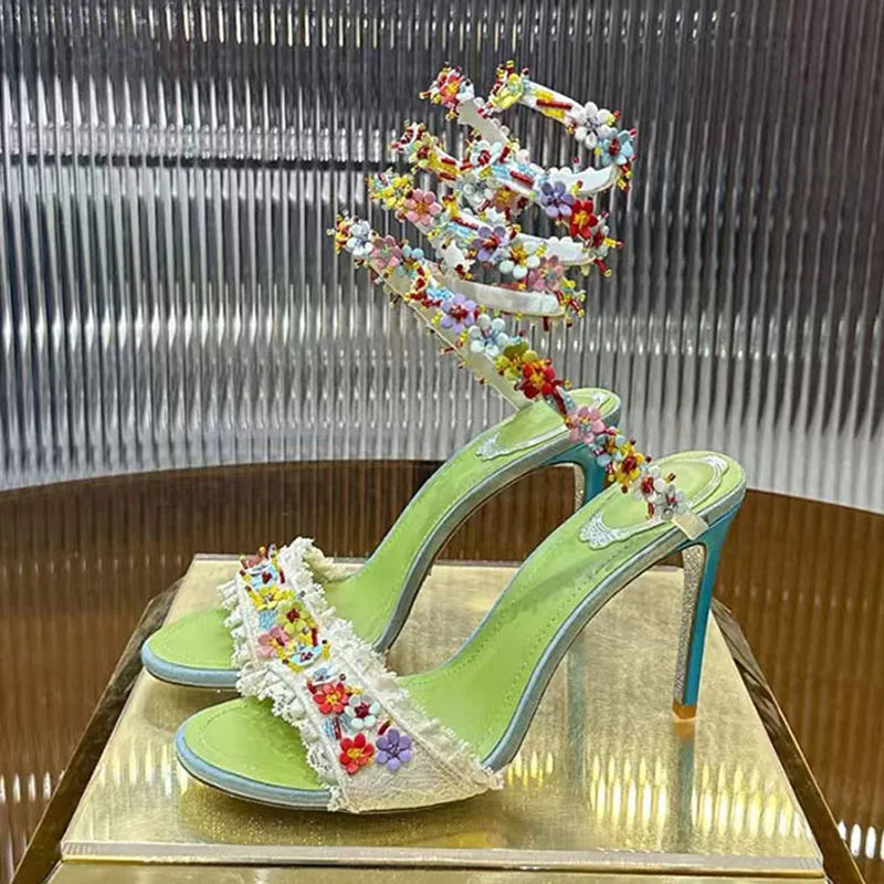 Elegant Floral Lace Strappy Stiletto Sandals for Women