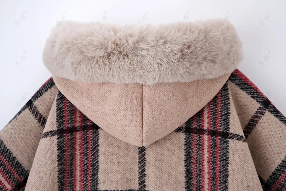 Faux Rabbit Fur Plaid Hooded Poncho Coat for Women