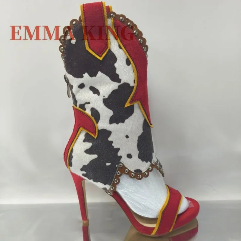 Cow Print Cowboy Style High Heel Sandals for Women
