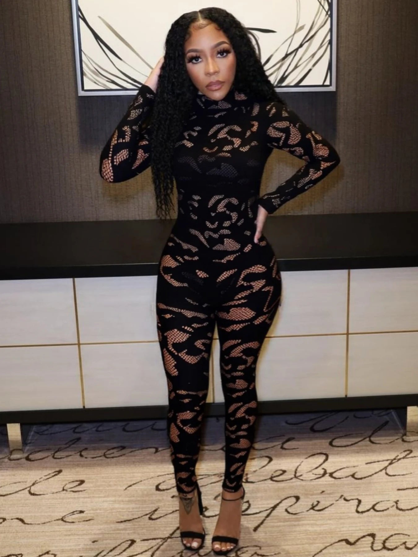 Peach See Through Jumpsuit With O Neck And Long Sleeves for Women