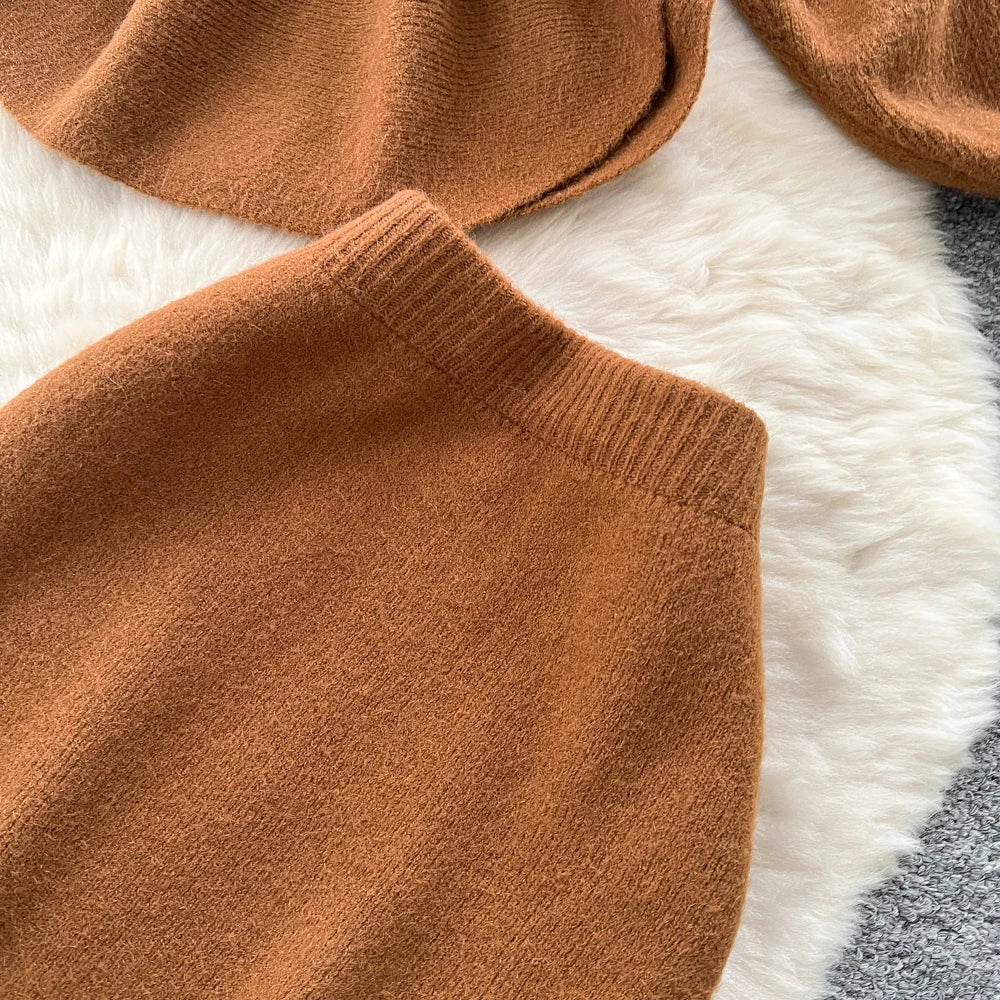 Batwing Sleeve Knit Top and High Waist Skirt Set for Women