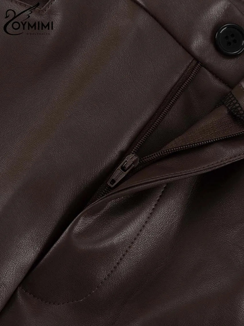 Oymimi Vintage Brown Pu Leather Skirts For Woman Elegant High Waisted Straight Skirts Casual Simple Ankle-Length Skirt Female