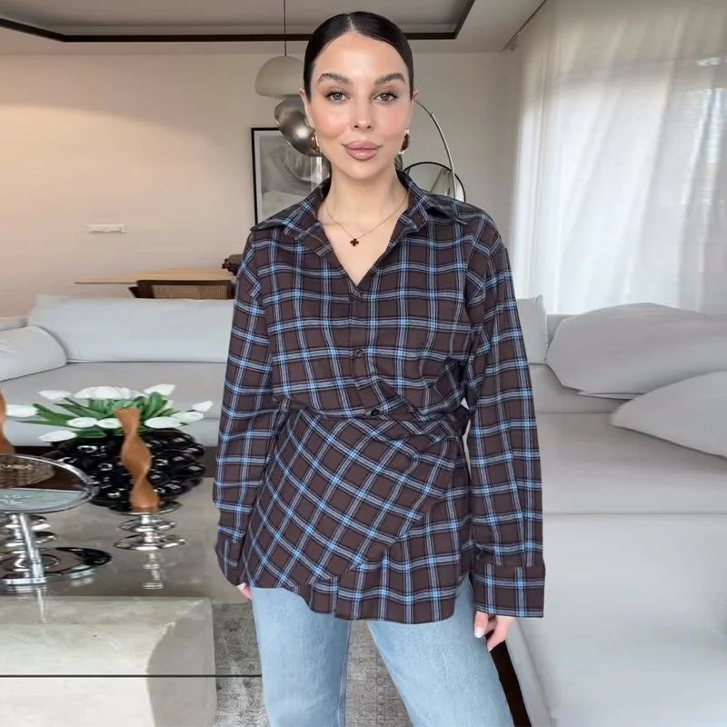 Elegant Plaid Patchwork Long Sleeve Shirt for Women