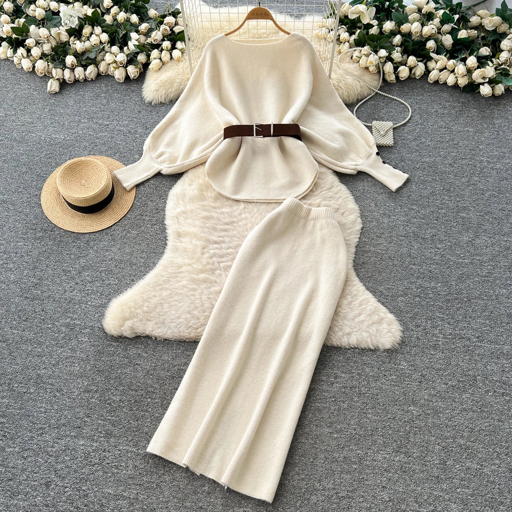 Batwing Sleeve Knit Top and High Waist Skirt Set for Women