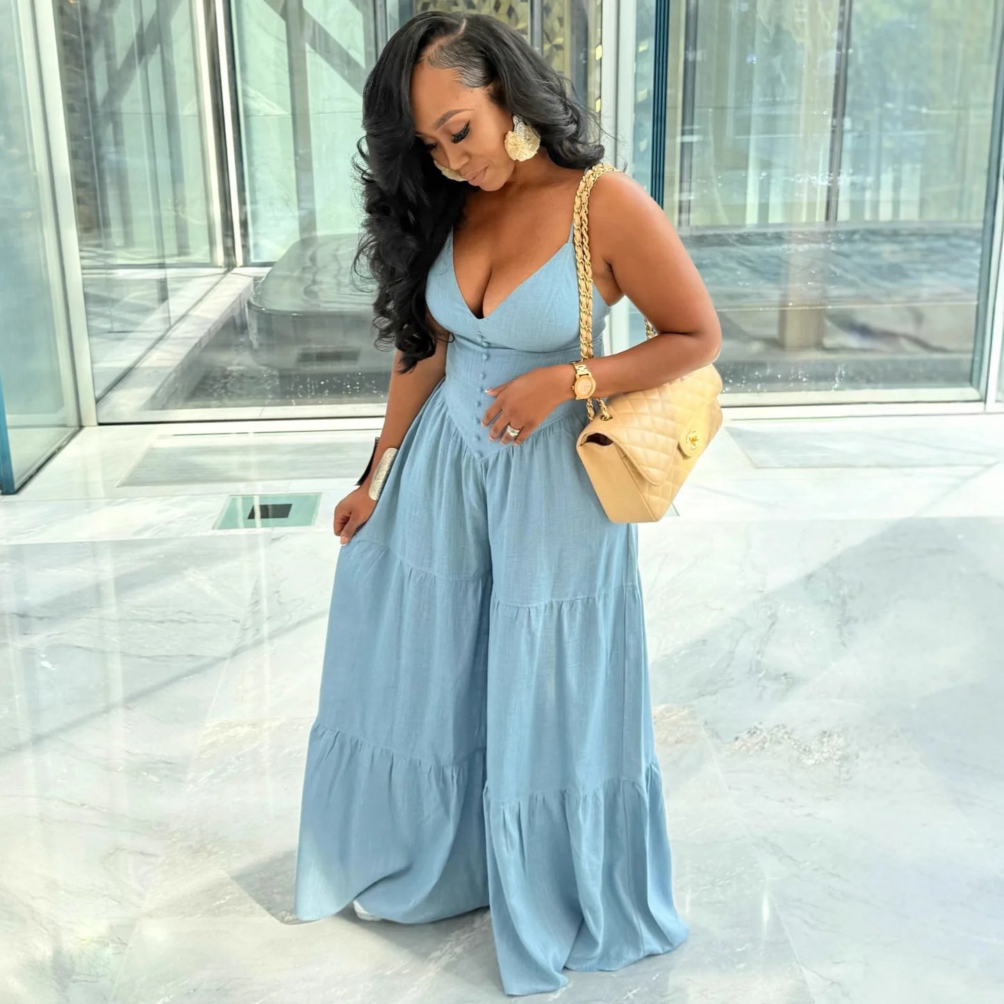 Spaghetti Strap Wide-Leg Jumpsuit with Button Details for Women