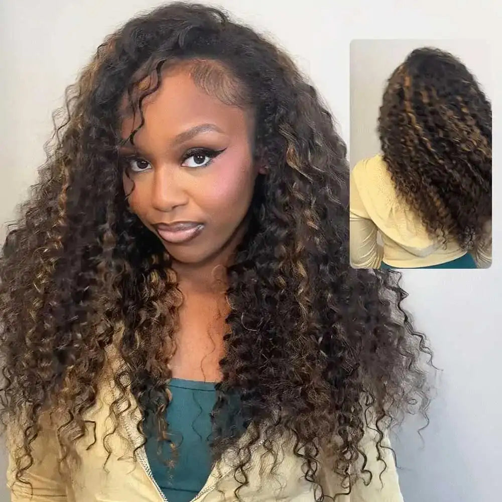 Water Wave Highlight Glueless Half Wig With Seamless Clips for Women