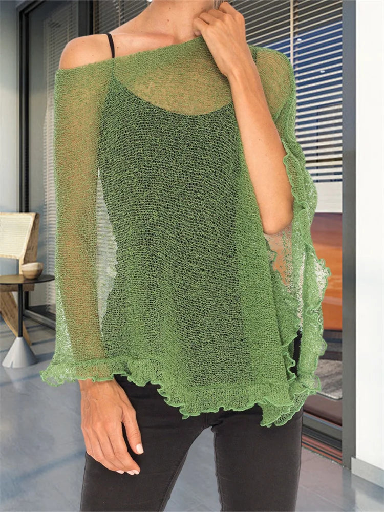 Sheer Ruffle Trim Knit Poncho Cover Up for Women