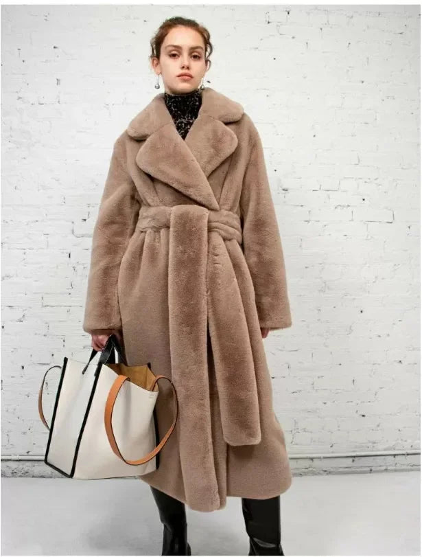 Long Belted Faux Fur Winter Coat