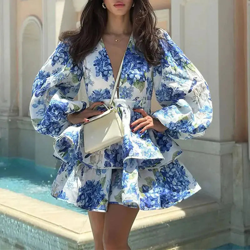 Elegant Deep V Neck Bubble Long Sleeve Patchwork Printed Mini Dress for Women