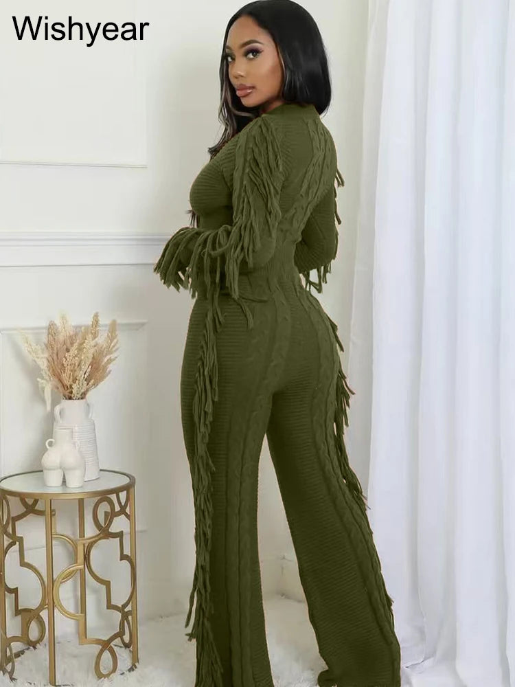 Casual Winter Warm Knitted Sweater Tassel 2 Piece Set  Women Long Sleeve Crop Top and Pants Streetwear outdoors vacation Outfits