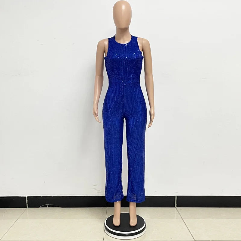 Elegant Silver Sequined Straight Cut Jumpsuit for Women