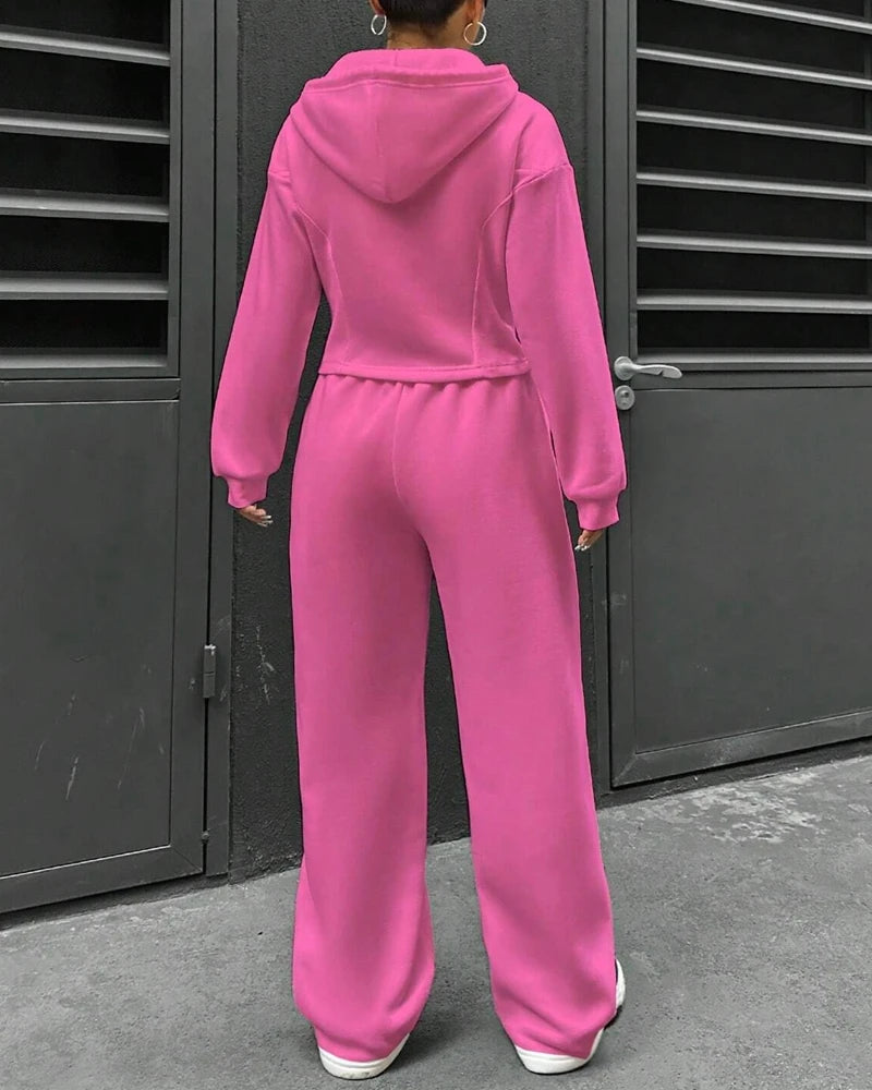 2 Pieces Pants Set Long Sleeve Zip Fly Slim Fit Hooded Top and Casual Wide Leg Pants Set