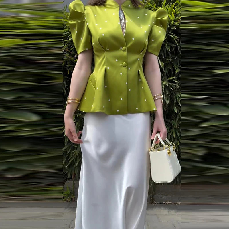Elegant Printed Puff Sleeve Stand Collar Shirt for Women