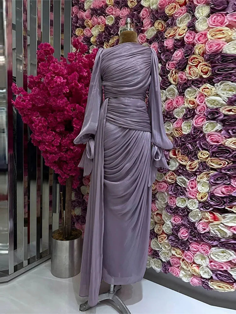 Lantern Sleeve Pleated Maxi With Lace Up O Neck Dress for Women