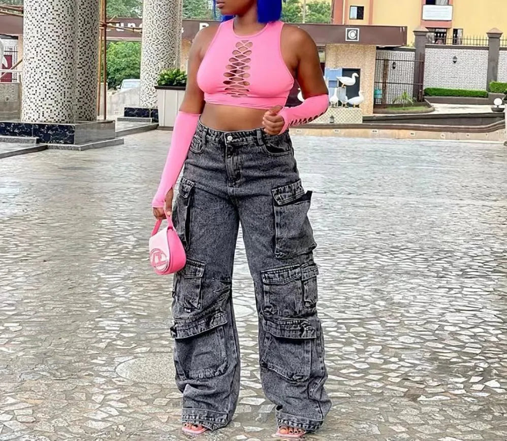 High-Waisted Loose-Fit Multi-Pocket Cargo Jeans for Women