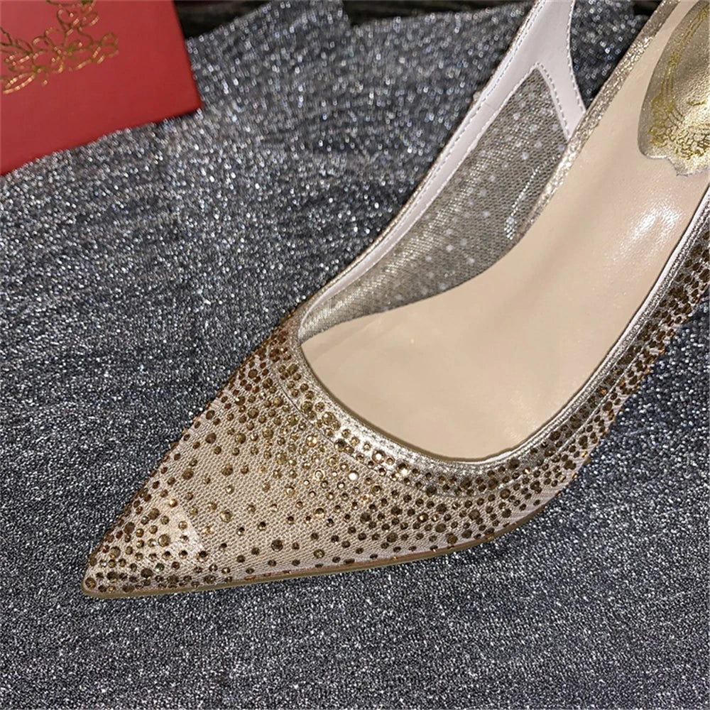 Rhinestone Mesh Pointed Toe Thin High Heels for Women