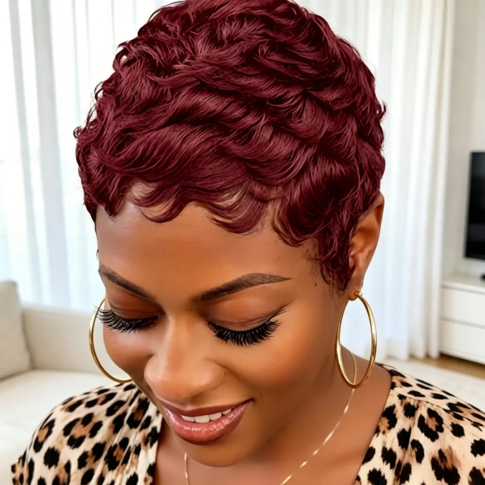 Natural Black Short Curly Pixie Human Hair Wig for Women
