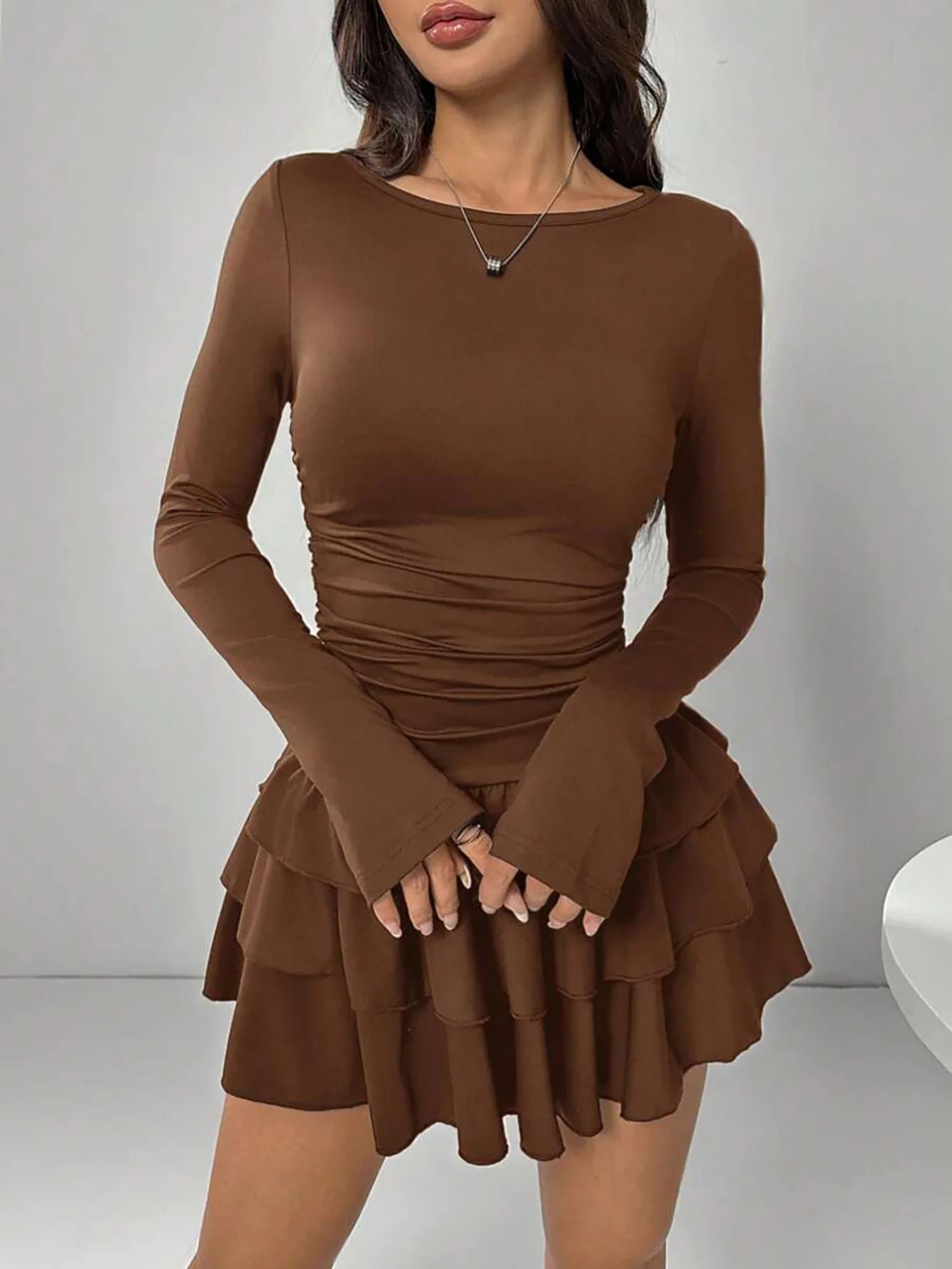 Elegant Cascading Ruffle Flare Sleeve Bodycon Dress for Women