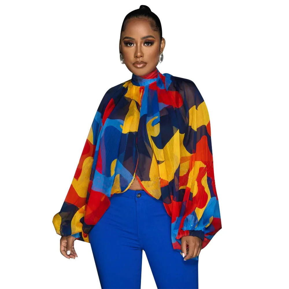 Sheer Lantern Sleeve Blouse with Tie Back for Women