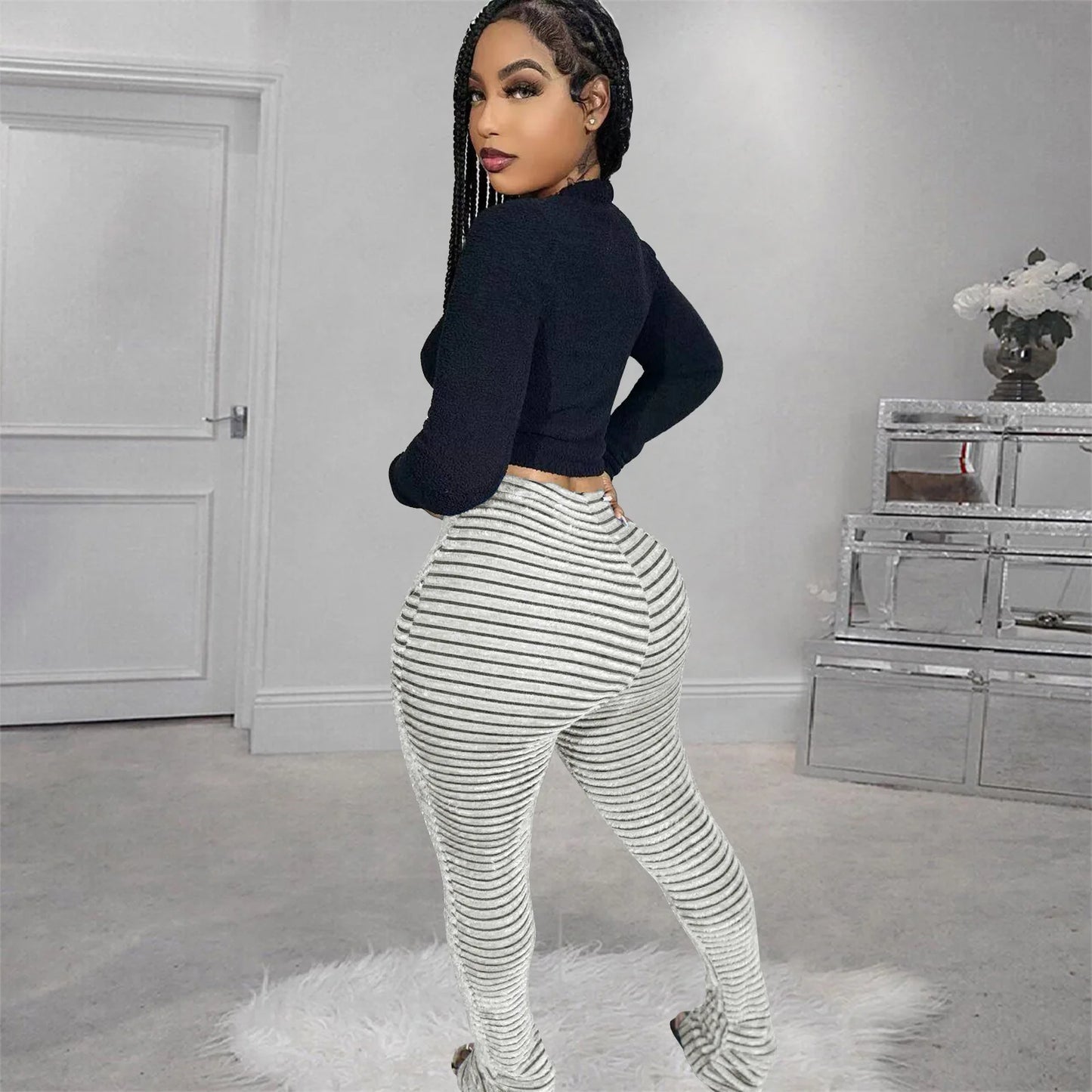 FAGADOER Stripe Plush Stacked Pants Women Casual Solid Color Fur Patchwork Flare Trousers Y2K Female Streetwear Bottoms 2025 New