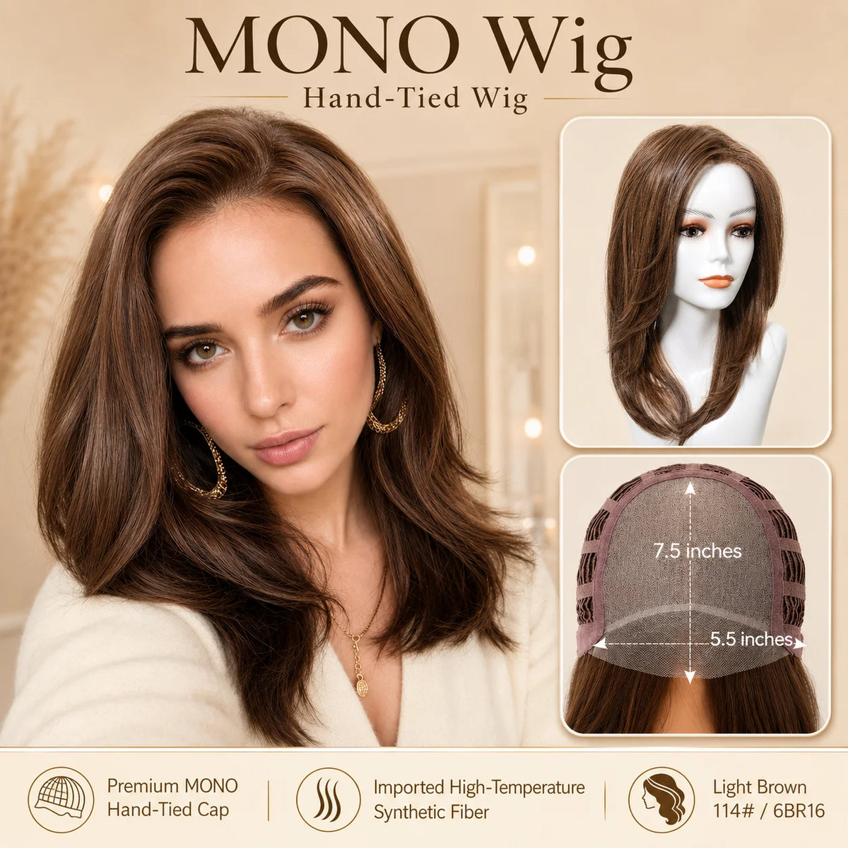 Light Brown Layered Synthetic Mono Top Wig for Women