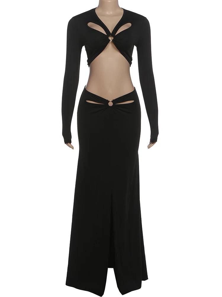 Elegant Hollowed Flowers V Neck Crop Top and Long Skirt Two Piece Set for Women