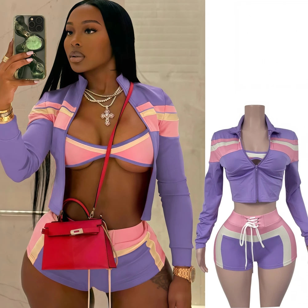 FAGADOER Sexy Sport 3 Pieces Set for Woman Color Block Long Sleeves Jacket + Tanks Top and Shorts Matching Female Beach Swimsuit