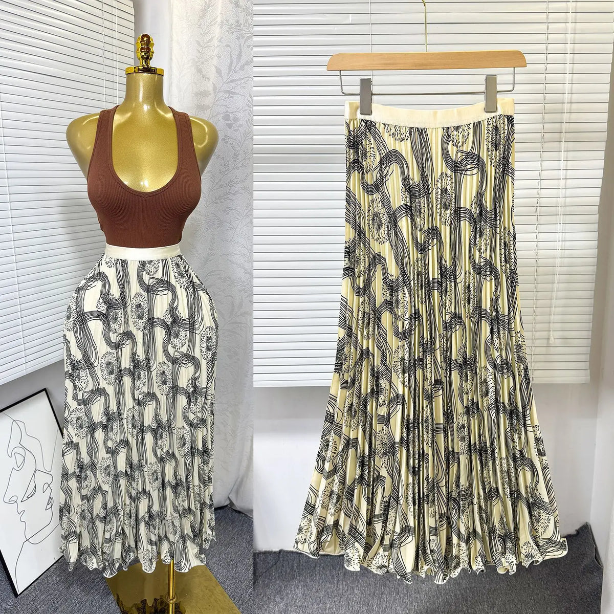 Floral Ruffle A Line Midi Skirt with Elastic Waist for Women