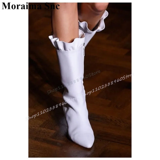 White Ruffle Pointed Toe Heeled Boots