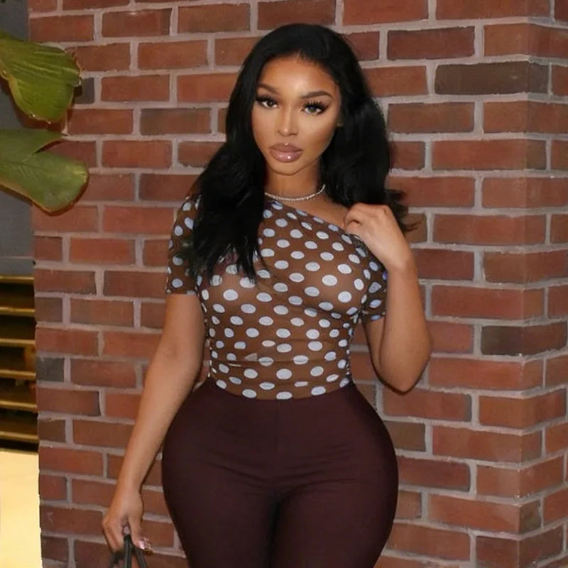 Off Shoulder Polka Dot Mesh See Through Two Piece Set for Women