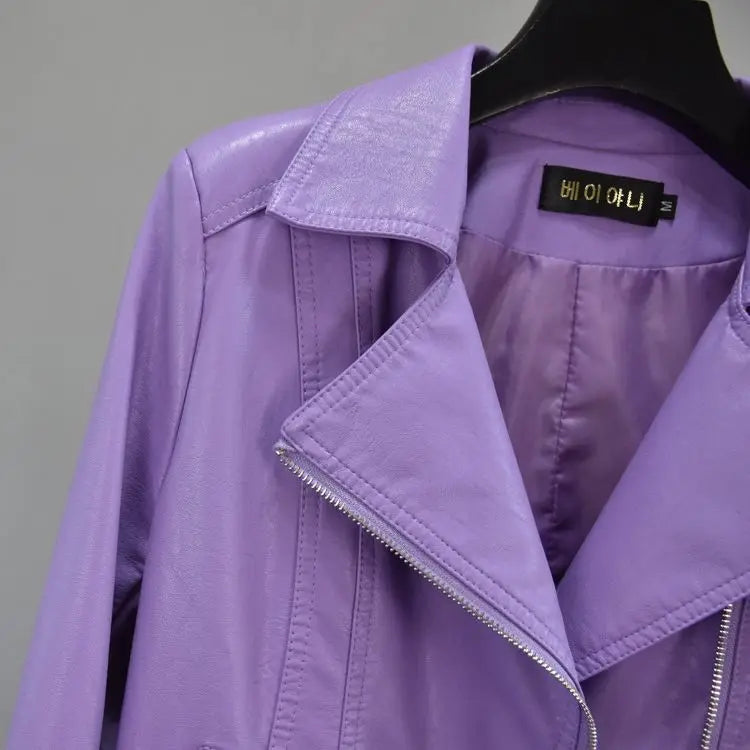 Purple Leather Jacket Women's Short Coat Slim Spring and Autumn Short Clothing