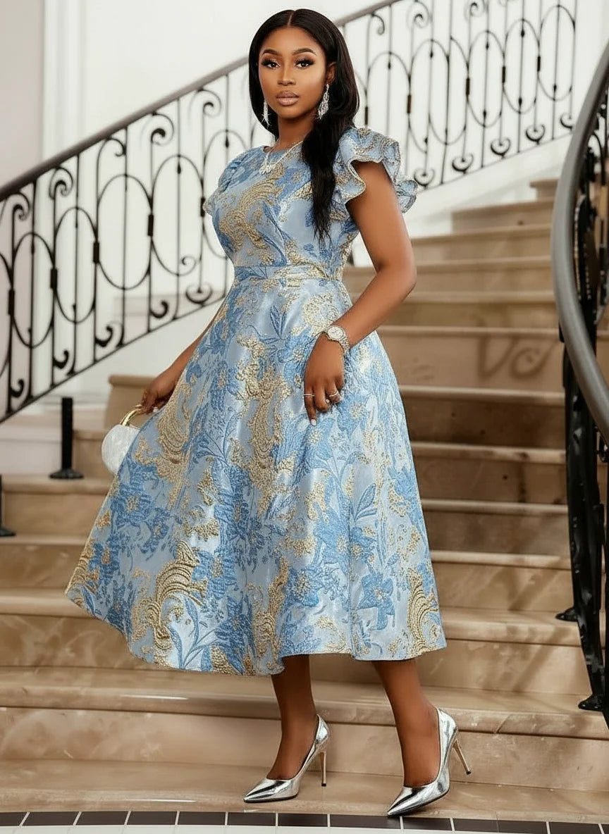 Plus Size Round Neck Ruffle Short Sleeve Printed Midi Flare Dress For Women Wedding Guest  Daily Elegant Party Occasions