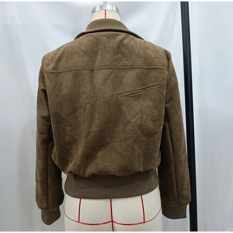 Vintage Suede Long Sleeve Jacket with Pockets for Women