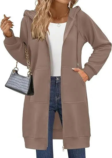 Solid Color Long Sleeve Zippered Hoodies For Women